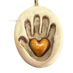 Artist Gold Heart Handprint Pendant for Necklace - Signed SB - Clay Design
